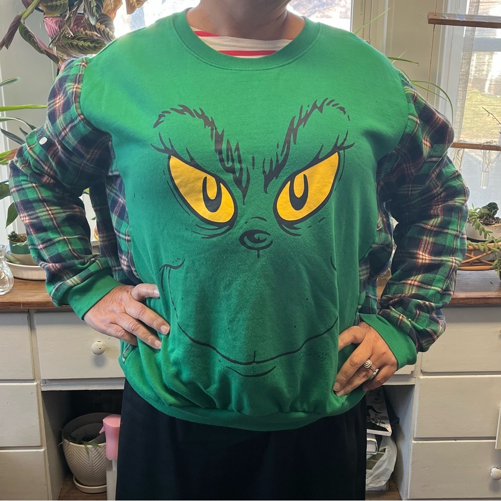 Upcycled handmade Christmas Grinch flannel sweatshirt size medium